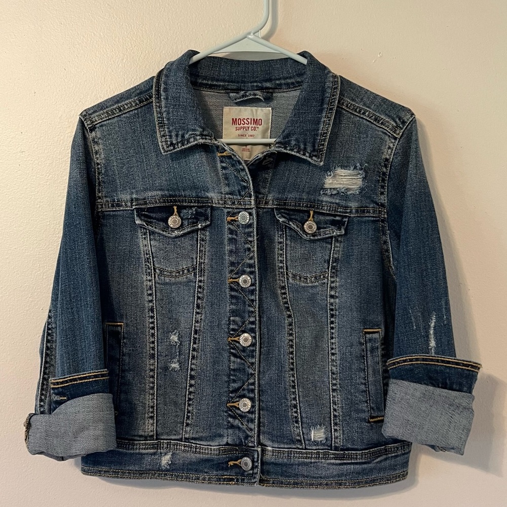 Mossimo Distressed Denim Jacket in Dark Blue